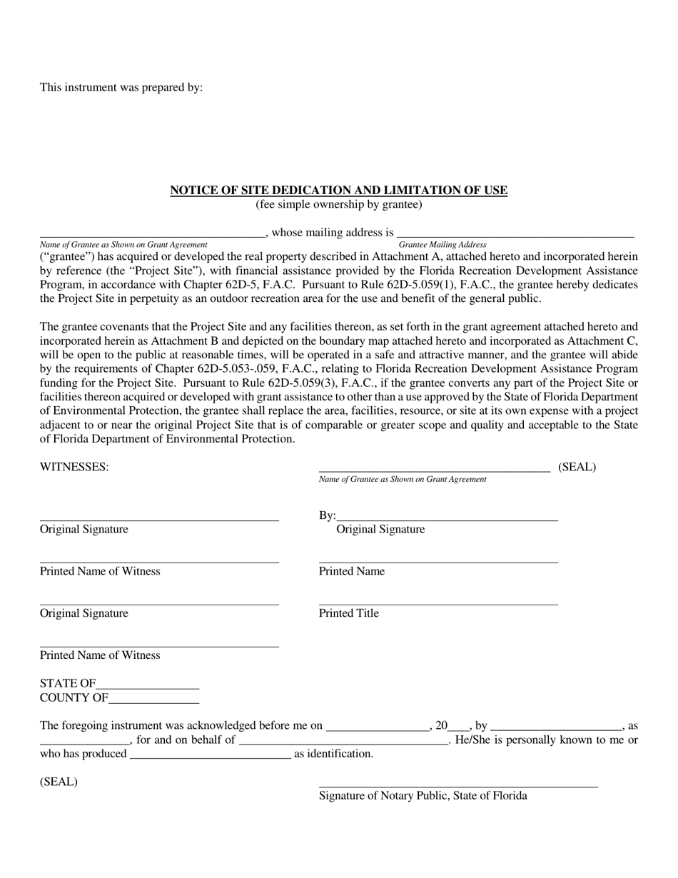 Form DRP-113 Notice of Site Dedication and Limitation of Use - Florida, Page 1