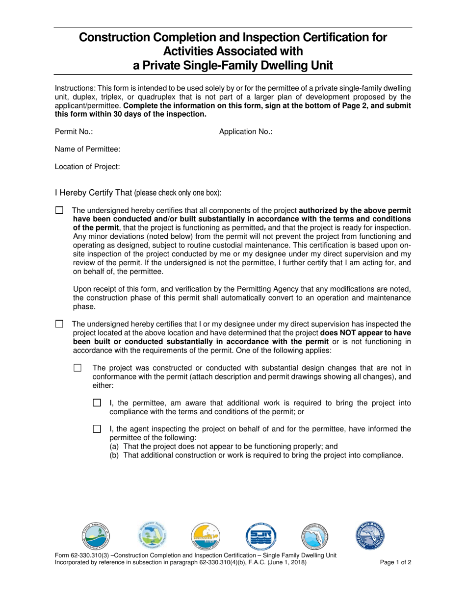 Form 62-330.310(3) Construction Completion and Inspection Certification for Activities Associated With a Private Single-Family Dwelling Unit - Florida, Page 1