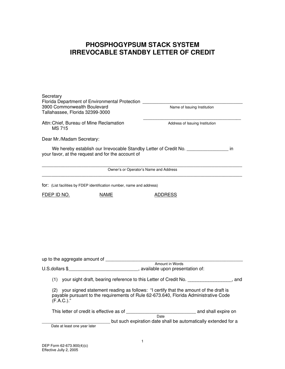 DEP Form 62-673.900(4)(C) Phosphogypsum Stack System Irrevocable Standby Letter of Credit - Florida, Page 1