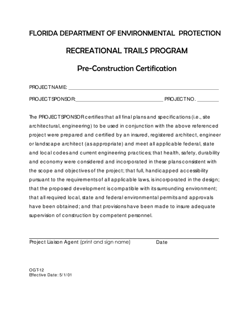 Form OGT-12 Pre-construction Certification - Recreational Trails Program - Florida