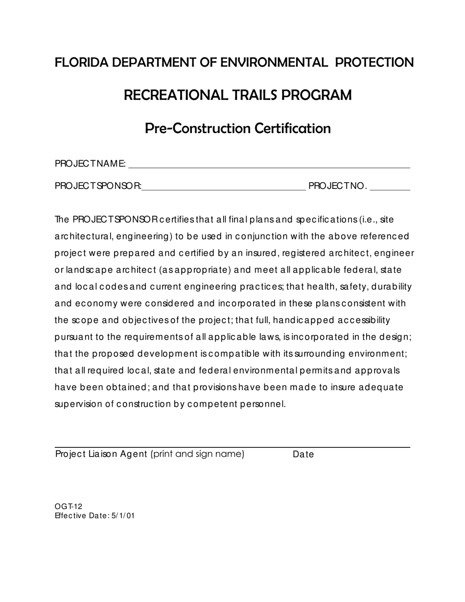 Form OGT-12 Pre-construction Certification - Recreational Trails Program - Florida, Page 1