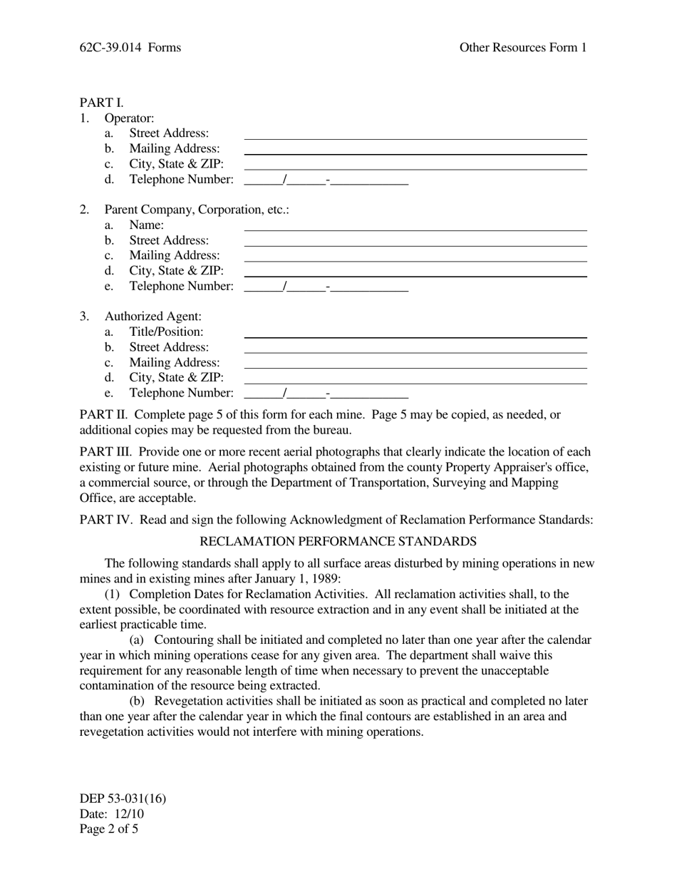 Other Resources Form 1 (DEP53-031(16)) Notice of Intent to Mine or Mining Other Resources - Florida, Page 2
