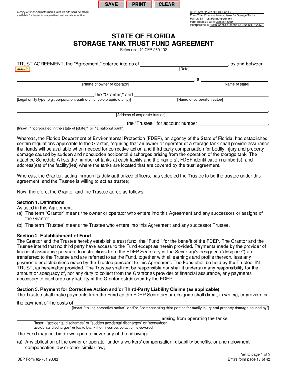 DEP Form 62-761.900(3) Part G Storage Tank Trust Fund Agreement - Florida, Page 1