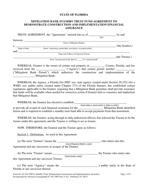 Form 62-342.700(3) Mitigation Bank Standby Trust Fund Agreement to Demonstrate Construction and Implementation Financial Assurance - Florida