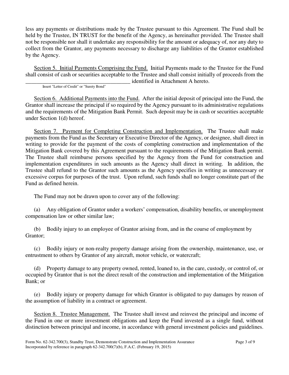 Form 62-342.700(3) Mitigation Bank Standby Trust Fund Agreement to Demonstrate Construction and Implementation Financial Assurance - Florida, Page 3