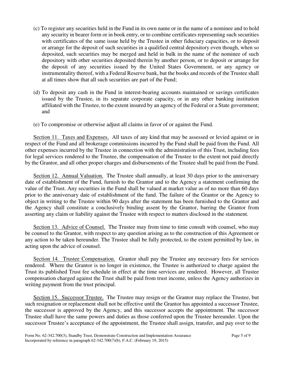 Form 62-342.700(3) Mitigation Bank Standby Trust Fund Agreement to Demonstrate Construction and Implementation Financial Assurance - Florida, Page 5