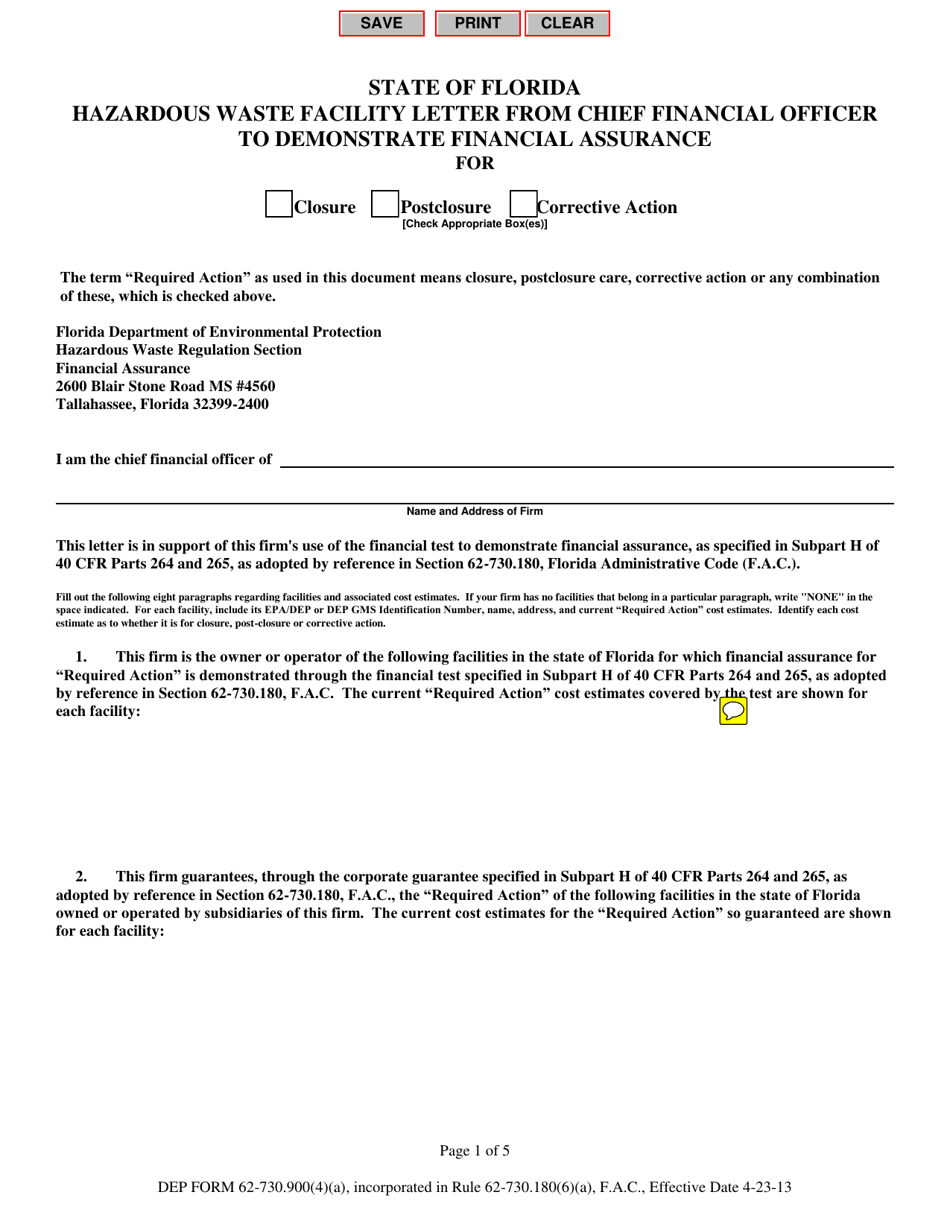 DEP Form 62-730.900(4)(A) Hazardous Waste Facility Letter From Chief Financial Officer to Demonstrate Financial Assurance - Florida, Page 1