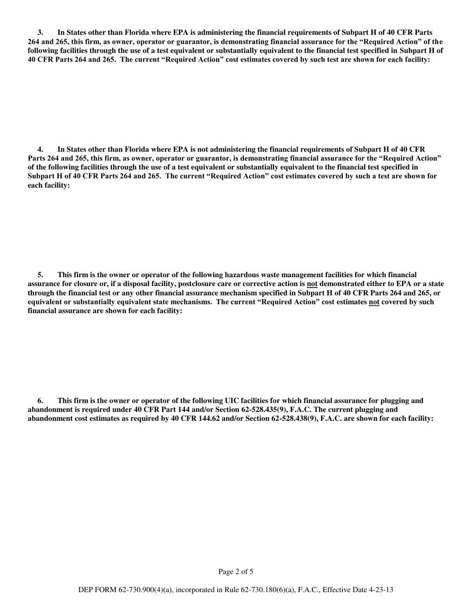 DEP Form 62-730.900(4)(A) Hazardous Waste Facility Letter From Chief Financial Officer to Demonstrate Financial Assurance - Florida, Page 2