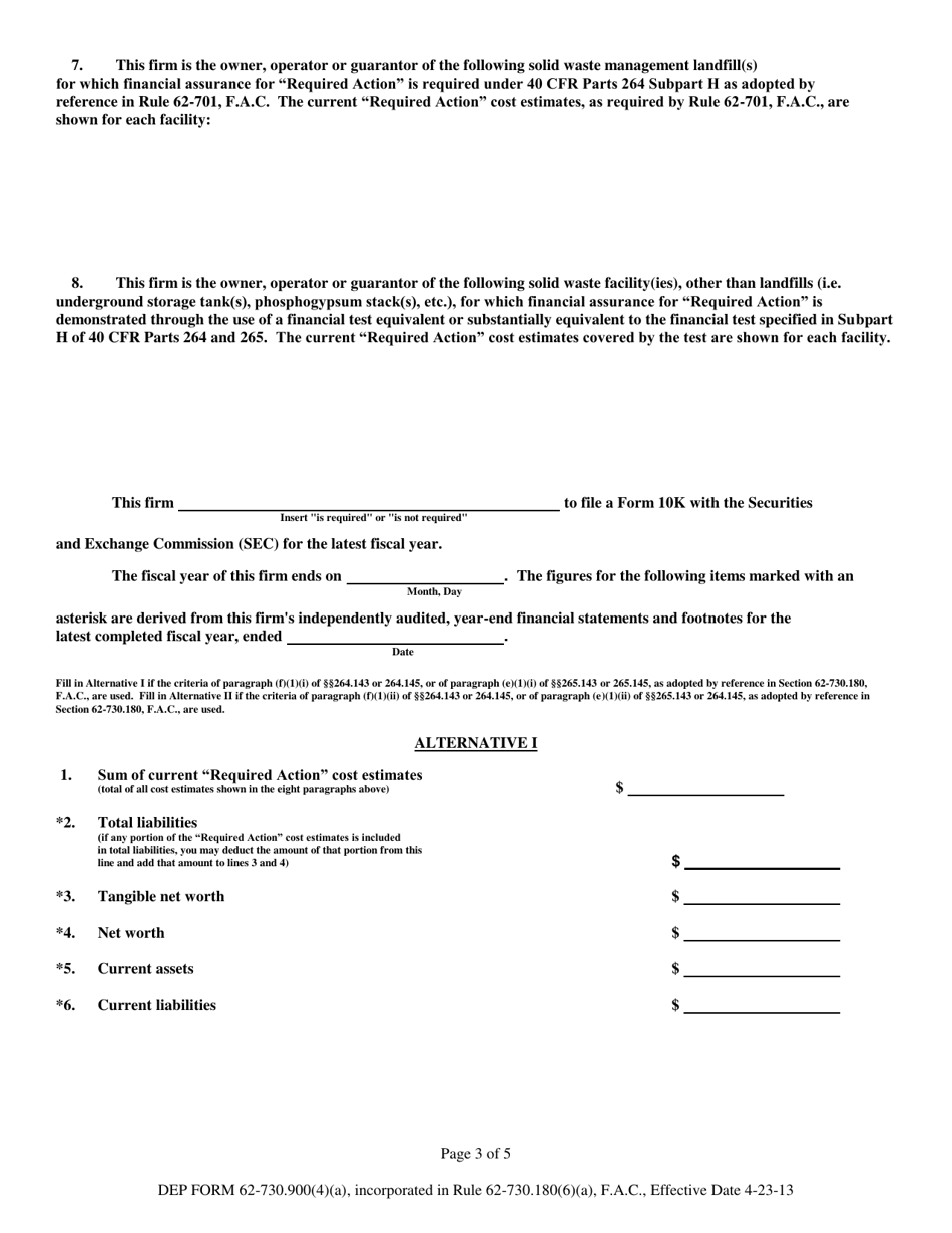 DEP Form 62-730.900(4)(A) Hazardous Waste Facility Letter From Chief Financial Officer to Demonstrate Financial Assurance - Florida, Page 3