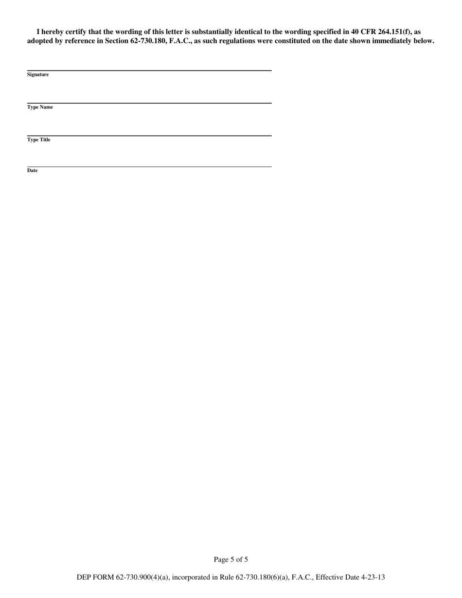 DEP Form 62-730.900(4)(A) Hazardous Waste Facility Letter From Chief Financial Officer to Demonstrate Financial Assurance - Florida, Page 5