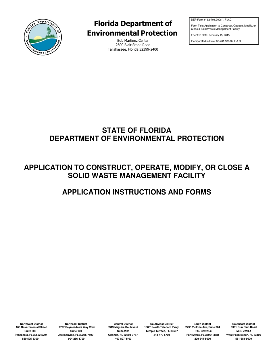 DEP Form 62-701.900(1) Application for a Permit to Construct, Operate, Modify or Close a Solid Waste Management Facility - Florida, Page 1