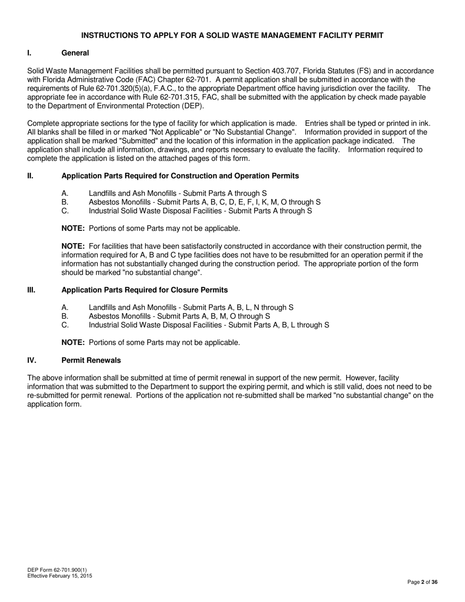 DEP Form 62-701.900(1) Application for a Permit to Construct, Operate, Modify or Close a Solid Waste Management Facility - Florida, Page 2