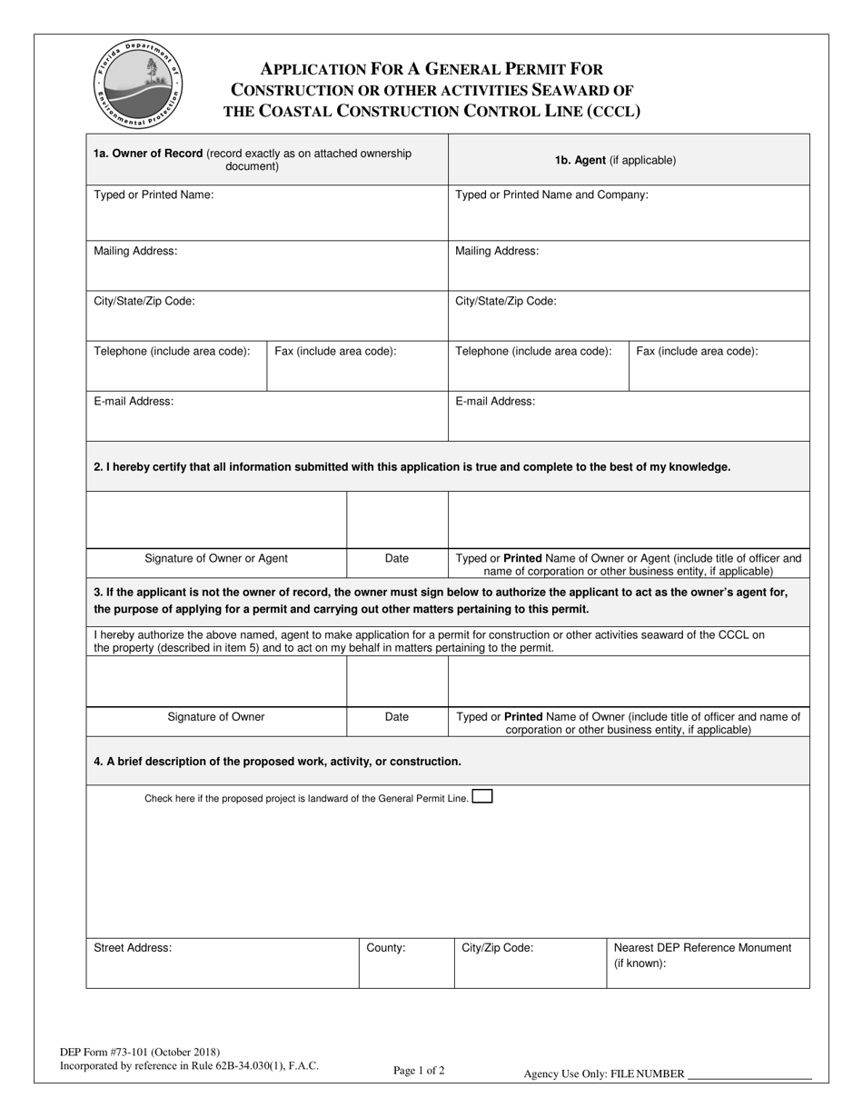 DEP Form 73-101 Application for a General Permit for Construction or Other Activities Seaward of the Coastal Construction Control Line (Cccl) - Florida, Page 1