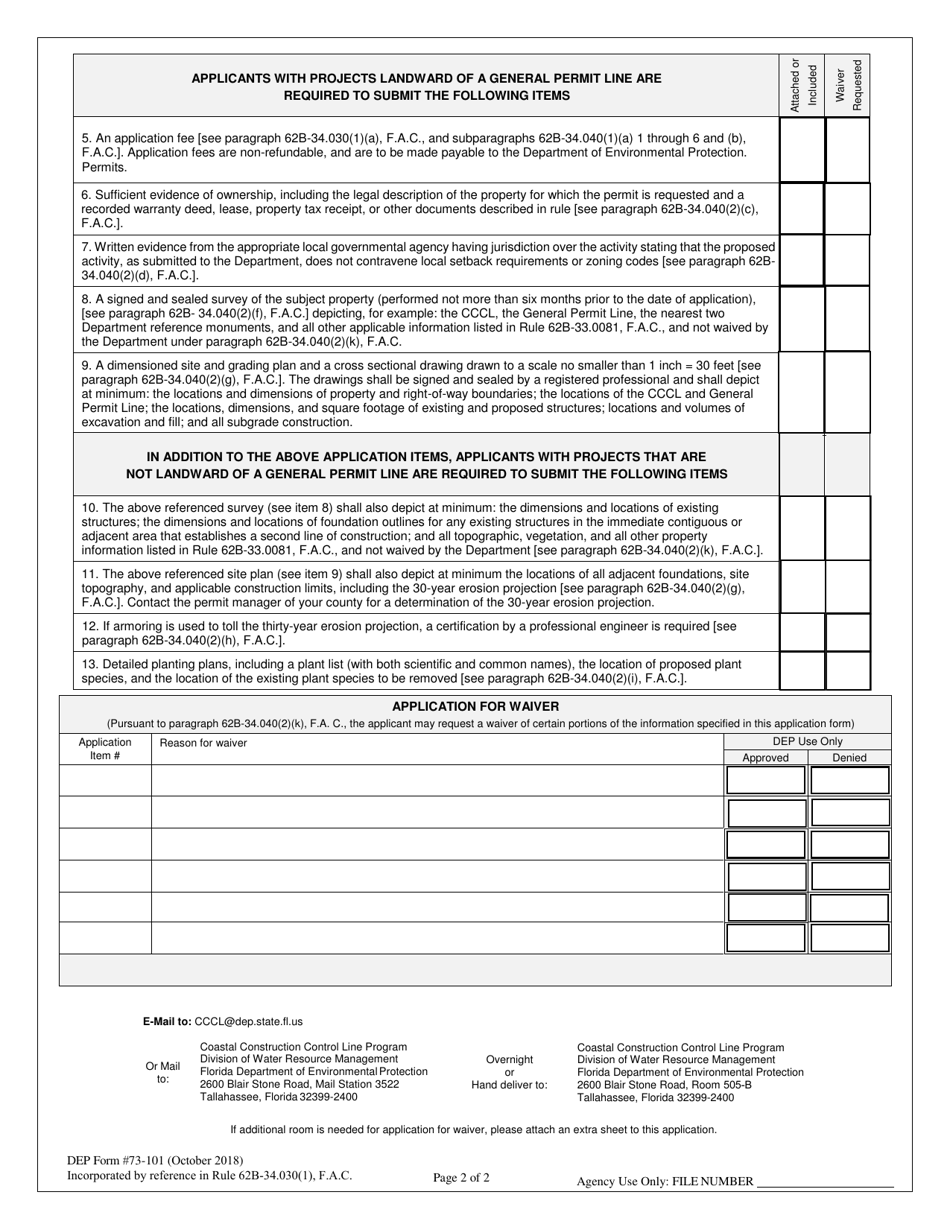 DEP Form 73-101 Application for a General Permit for Construction or Other Activities Seaward of the Coastal Construction Control Line (Cccl) - Florida, Page 2