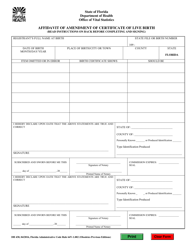 Form DH430 &quot;Affidavit of Amendment of Certificate of Live Birth&quot; - Florida