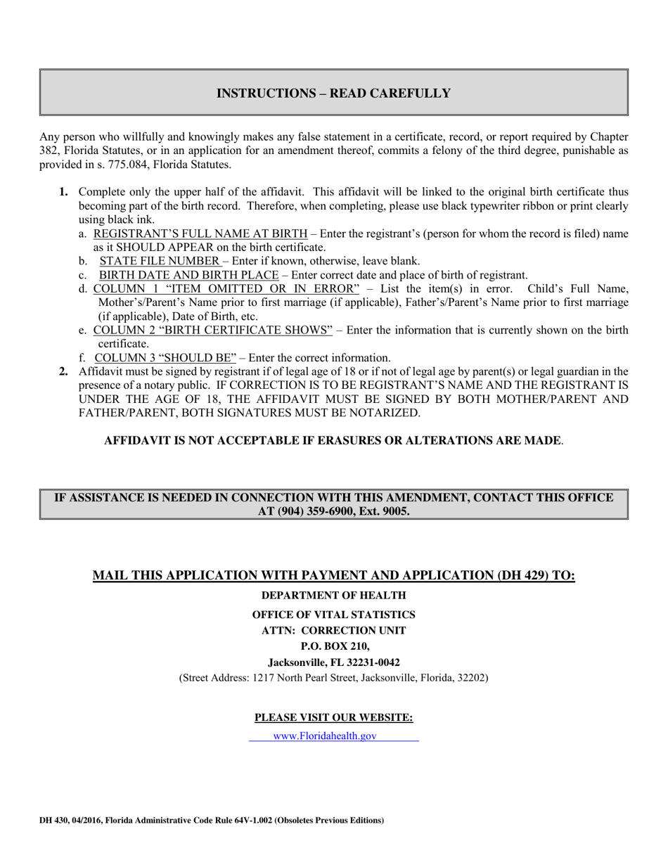 Form DH430 Affidavit of Amendment of Certificate of Live Birth - Florida, Page 2