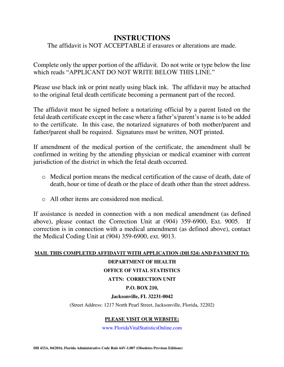 Form DH433A Affidavit of Amendment to a Florida Certificate of Fetal Death - Florida, Page 2