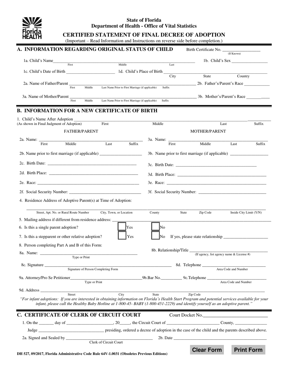 Form DH527 - Fill Out, Sign Online and Download Fillable PDF, Florida ...