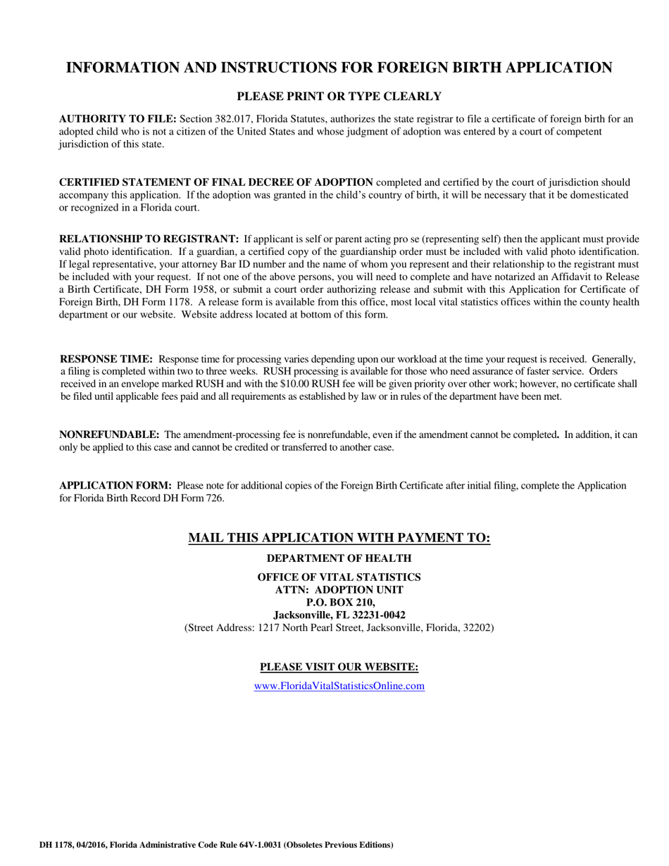 Form DH1178 Application for Certificate of Foreign Birth - Florida, Page 2