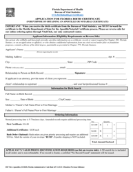 Document preview: Form DH726A Application for Florida Birth Certificate (For Purpose of Obtaining an Apostille or Notarial Certificate) - Florida