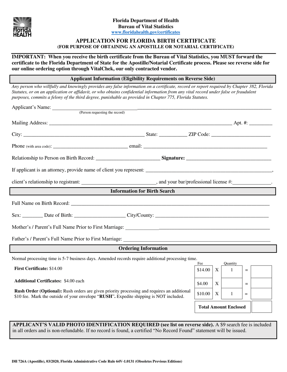 Form DH726A Application for Florida Birth Certificate (For Purpose of Obtaining an Apostille or Notarial Certificate) - Florida, Page 1
