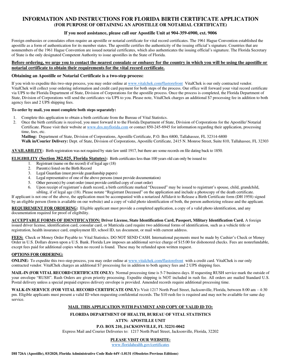 Form DH726A Application for Florida Birth Certificate (For Purpose of Obtaining an Apostille or Notarial Certificate) - Florida, Page 2