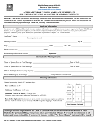 Form DH261A Application for Florida Marriage Certificate (For Purpose of Obtaining an Apostille or Notarial Certificate) - Florida