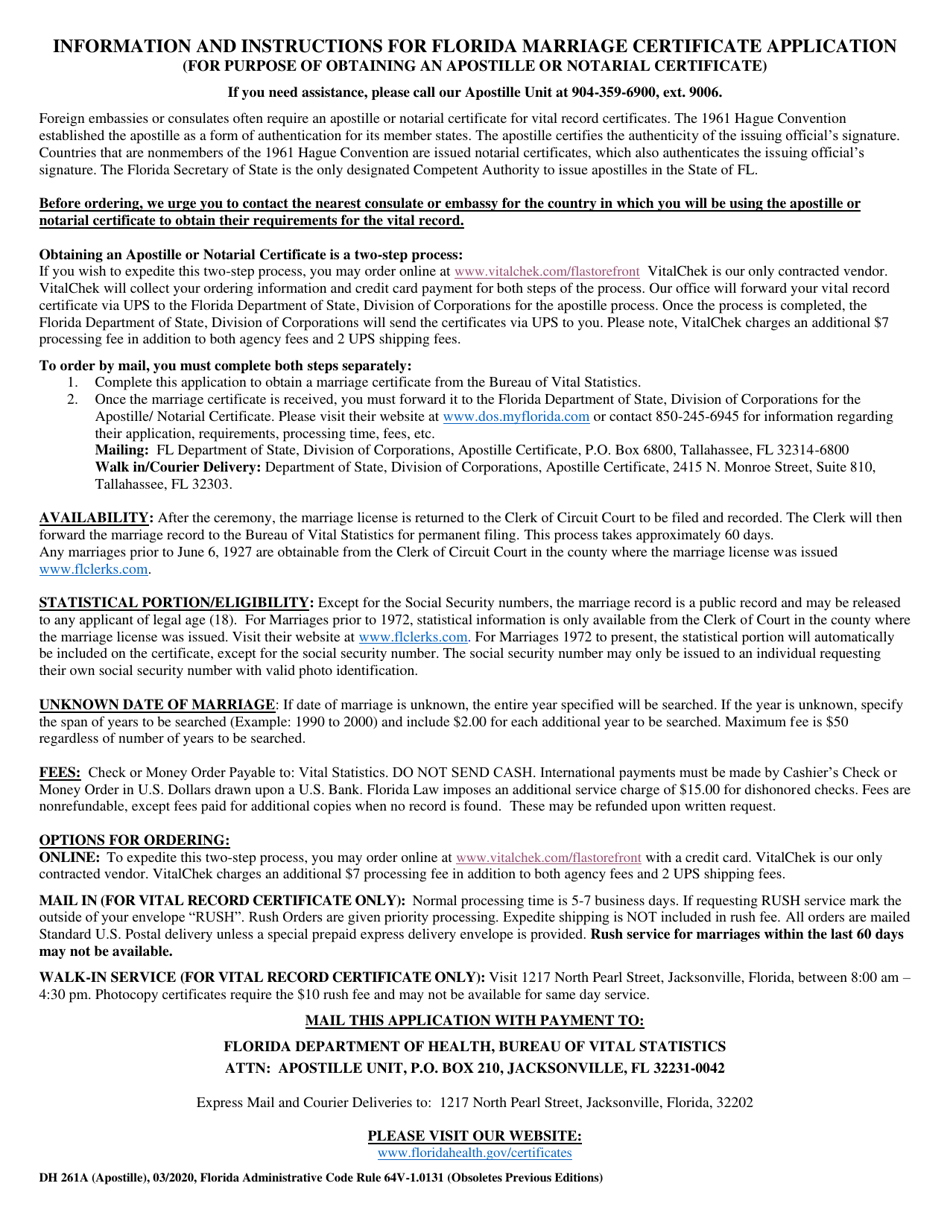 Form DH261A Application for Florida Marriage Certificate (For Purpose of Obtaining an Apostille or Notarial Certificate) - Florida, Page 2