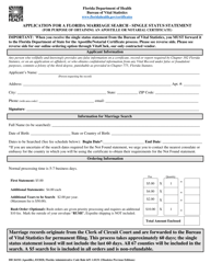 Form DH261SS Application for a Florida Marriage Search - Single Status Statement (For Purpose of Obtaining an Apostille or Notarial Certificate) - Florida