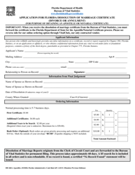 Document preview: Form DH260A Application for Florida Dissolution of Marriage Certificate (Divorce or Annulment)(For Purpose of Obtaining an Apostille or Notarial Certificate) - Florida