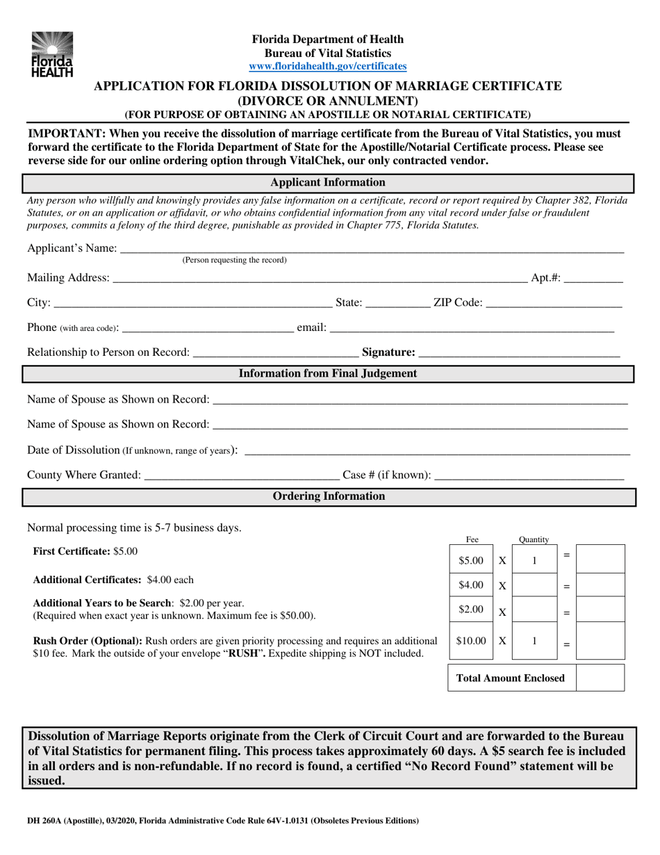 form dh260a download printable pdf or fill online application for florida dissolution of marriage certificate divorce or annulment for purpose of obtaining an apostille or notarial certificate florida templateroller