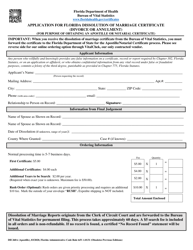 Form DH260A Application for Florida Dissolution of Marriage Certificate (Divorce or Annulment)(For Purpose of Obtaining an Apostille or Notarial Certificate) - Florida