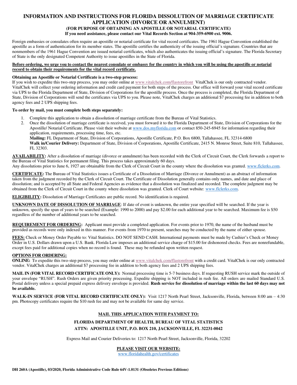 Form DH260A Application for Florida Dissolution of Marriage Certificate (Divorce or Annulment)(For Purpose of Obtaining an Apostille or Notarial Certificate) - Florida, Page 2