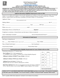 Form DH727A &quot;Application for Florida Death Certificate (For Purpose of Obtaining an Apostille or Notarial Certificate)&quot; - Florida