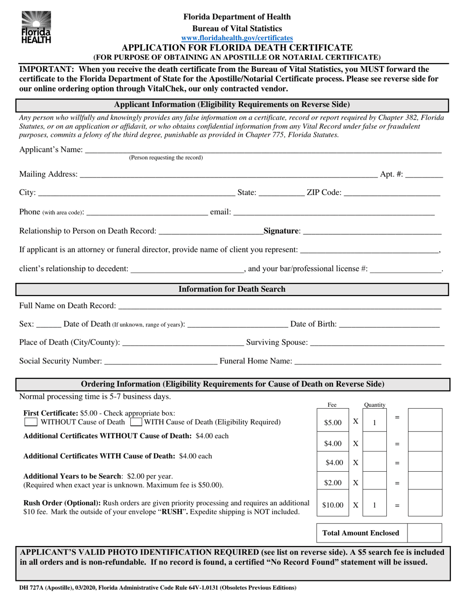 Form DH727A Application for Florida Death Certificate (For Purpose of Obtaining an Apostille or Notarial Certificate) - Florida, Page 1