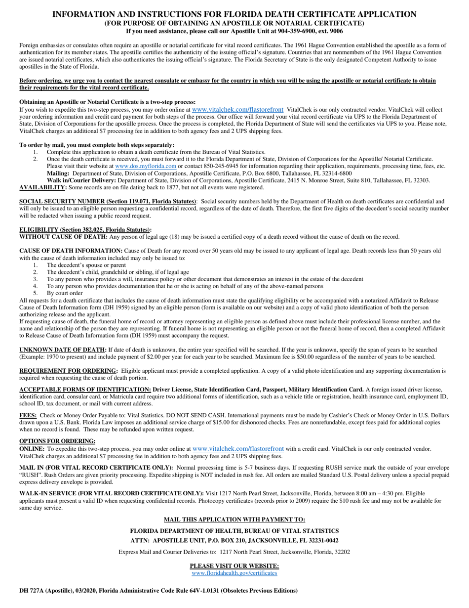 Form DH727A Application for Florida Death Certificate (For Purpose of Obtaining an Apostille or Notarial Certificate) - Florida, Page 2