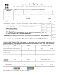 Form DH261 &quot;Application for a Marriage Record for Licenses Issued in Florida&quot; - Florida