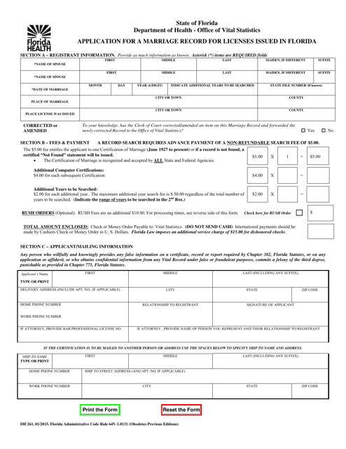 Form DH261 Application for a Marriage Record for Licenses Issued in Florida - Florida