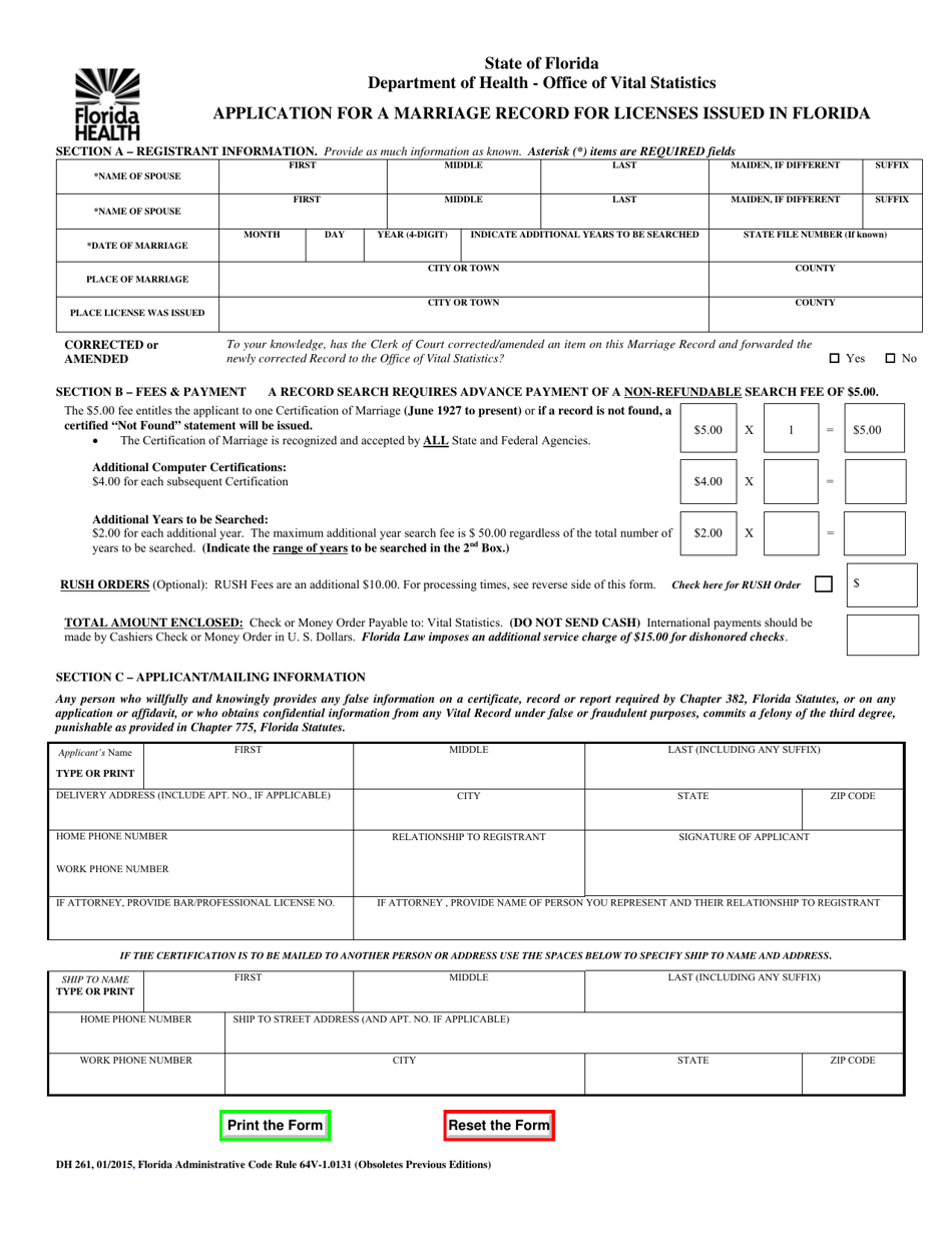 Form DH261 Application for a Marriage Record for Licenses Issued in Florida - Florida, Page 1