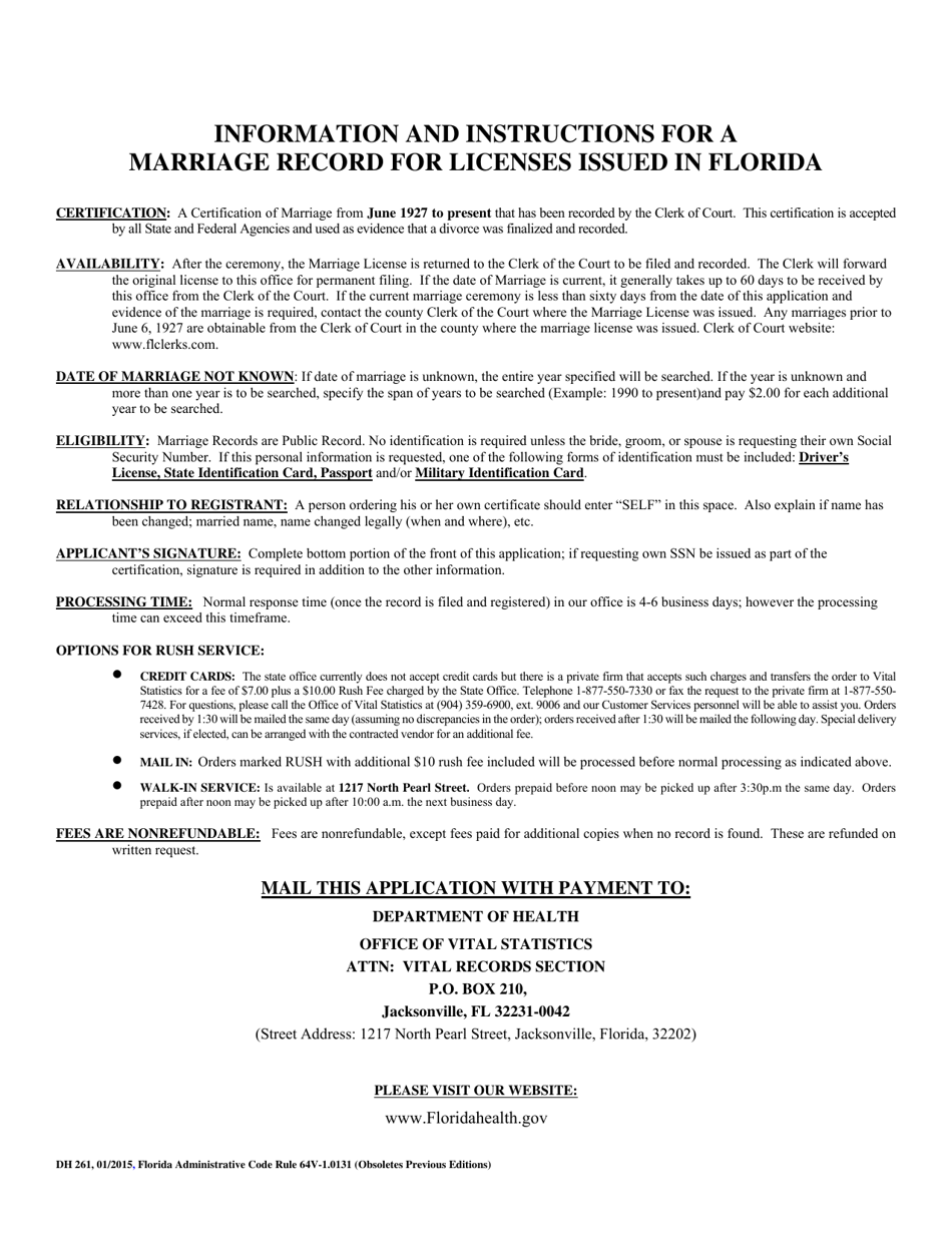 Form DH261 Application for a Marriage Record for Licenses Issued in Florida - Florida, Page 2