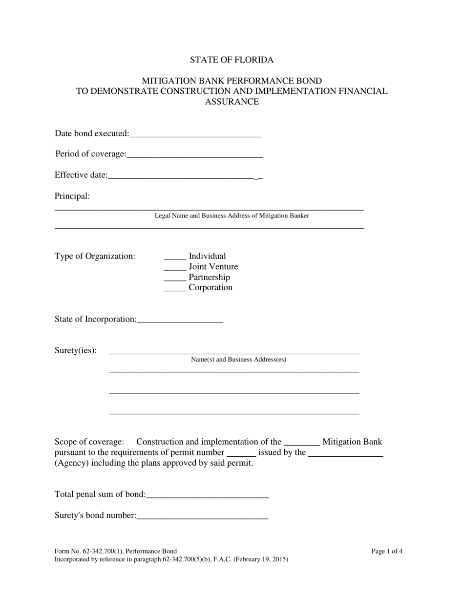 Form 62-342.700(1) Mitigation Bank Performance Bond to Demonstrate Construction and Implementation Financial Assurance - Florida, Page 1