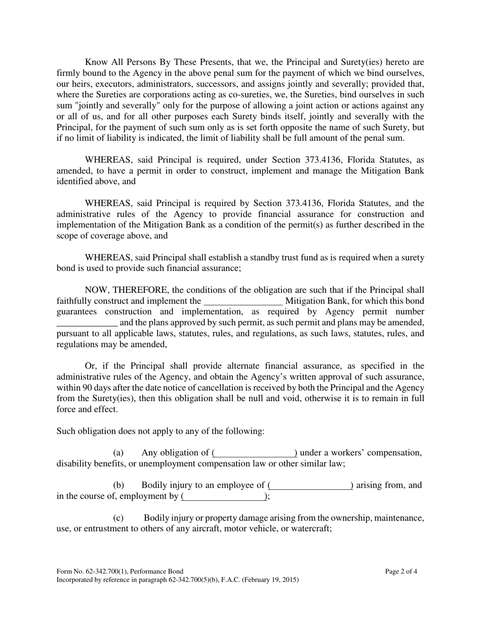 Form 62-342.700(1) Mitigation Bank Performance Bond to Demonstrate Construction and Implementation Financial Assurance - Florida, Page 2