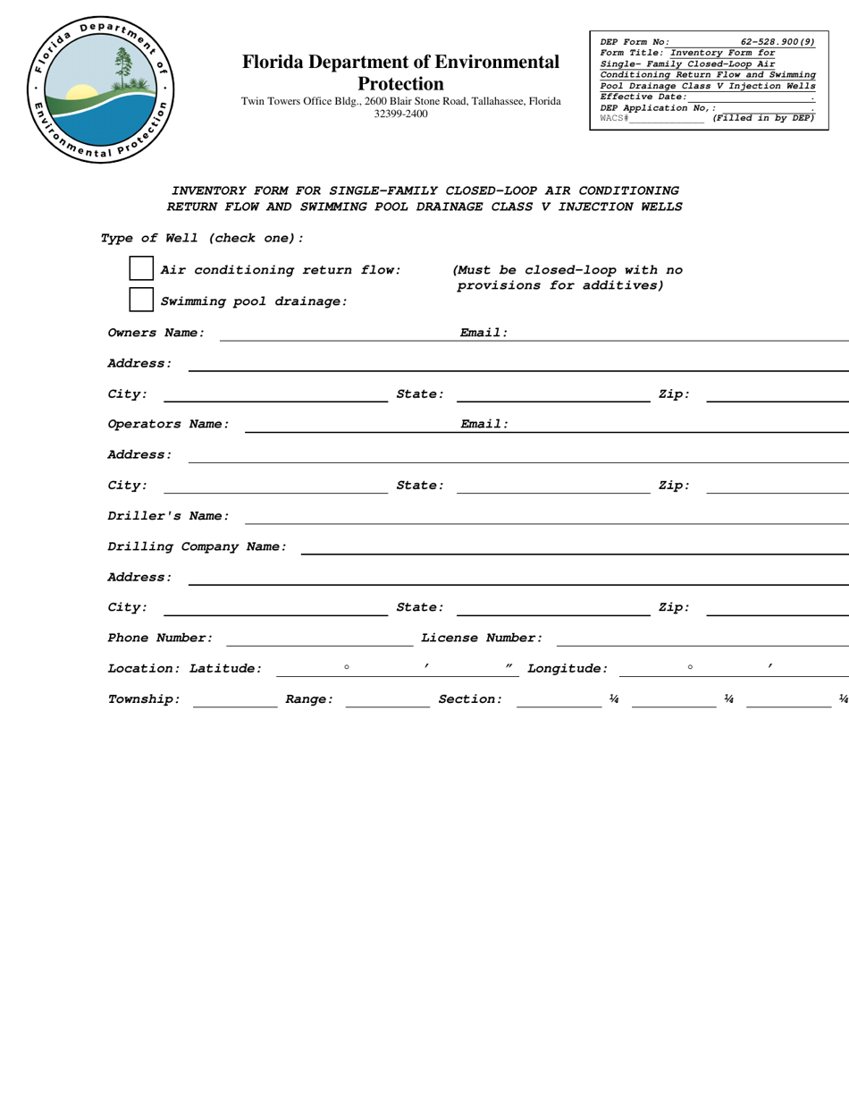 DEP Form 62-528.900(9) Inventory Form for Single-Family Closed-Loop Air Conditioning Return Flow and Swimming Pool Drainage Class V Injection Wells - Florida, Page 1