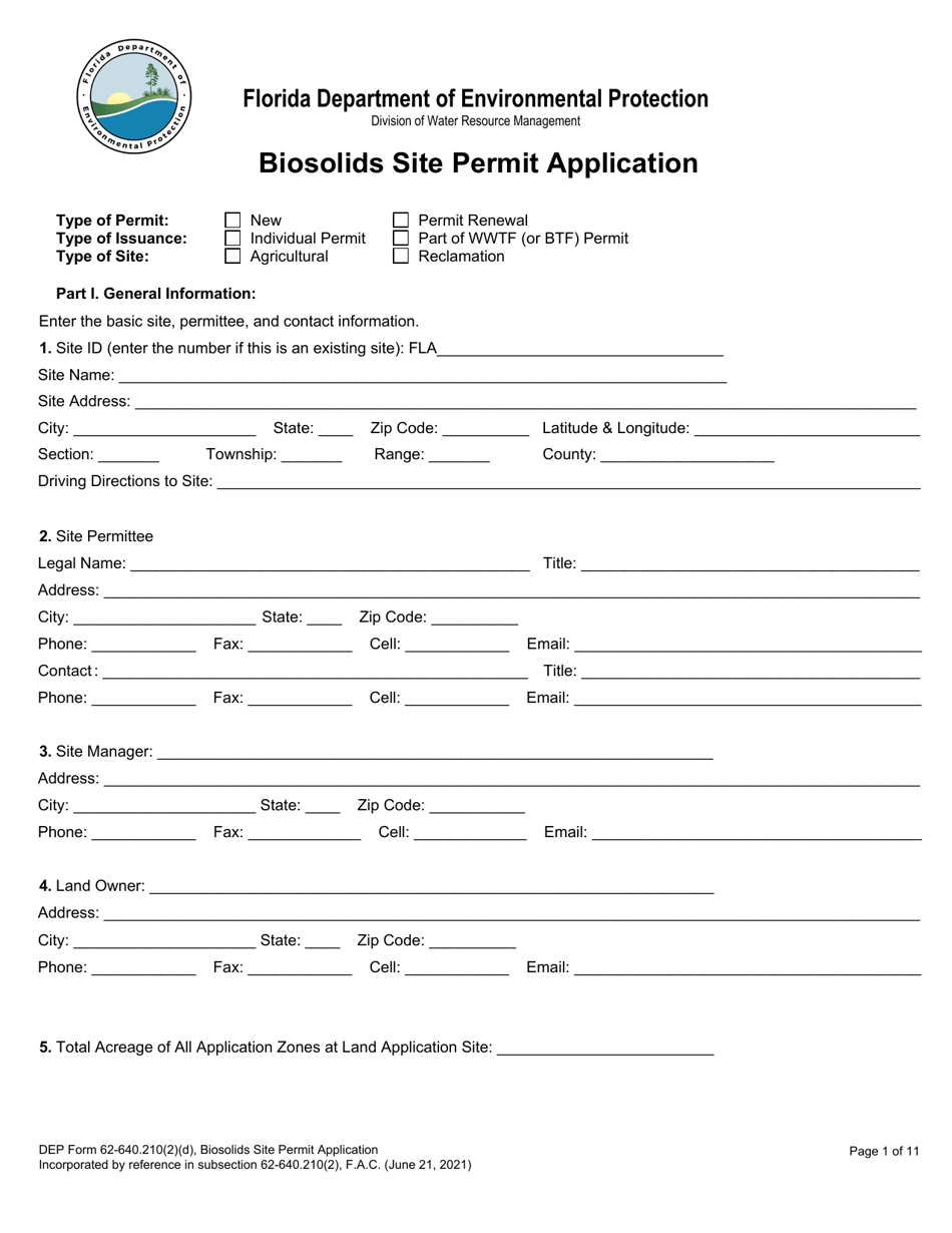 DEP Form 62-640.210(2)(D) Biosolids Site Permit Application - Florida, Page 1