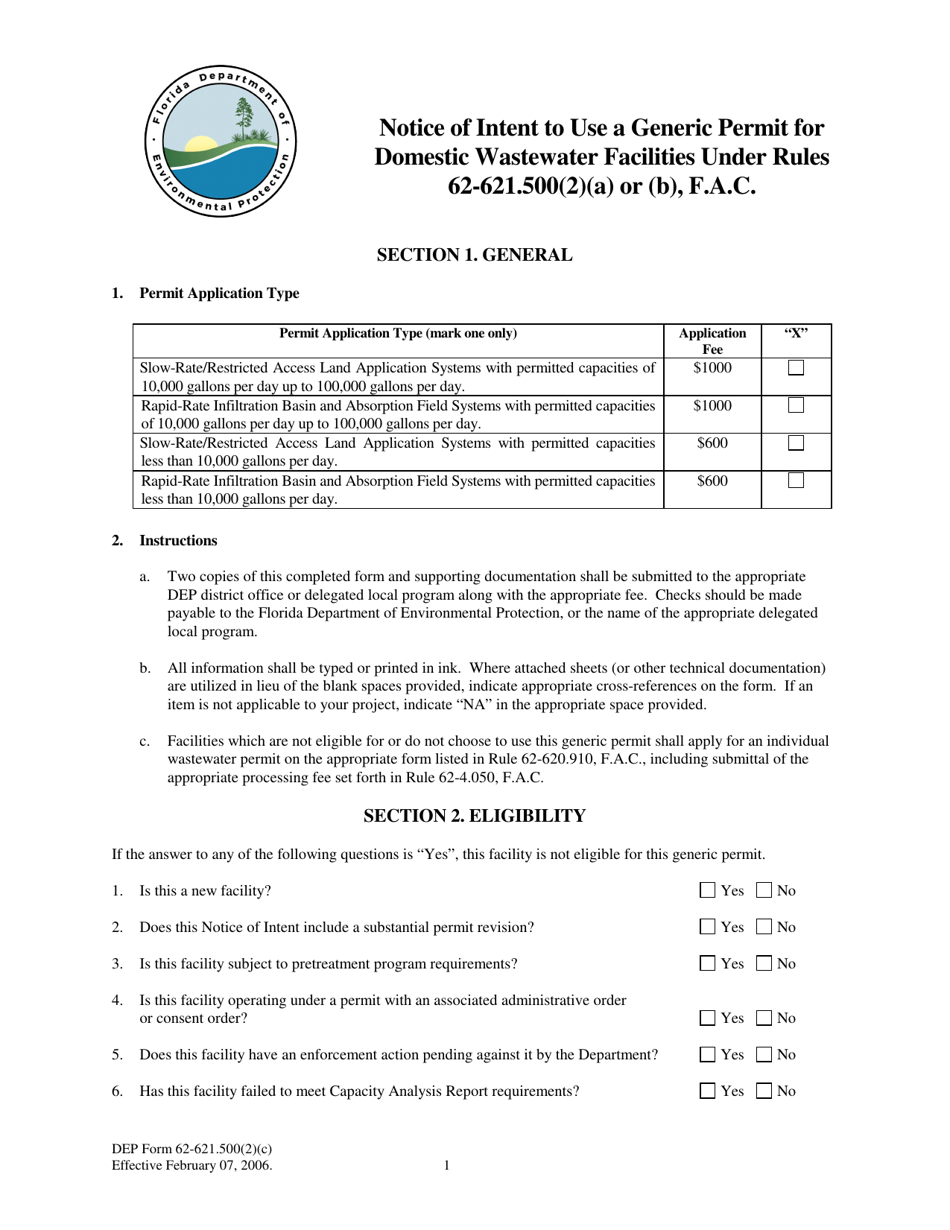 DEP Form 62-621.500(2)(C) Notice of Intent to Use a Generic Permit for Domestic Wastewater Facilities Under Rules 62-621.500(2)(A) or (B), F.a.c. - Florida, Page 1
