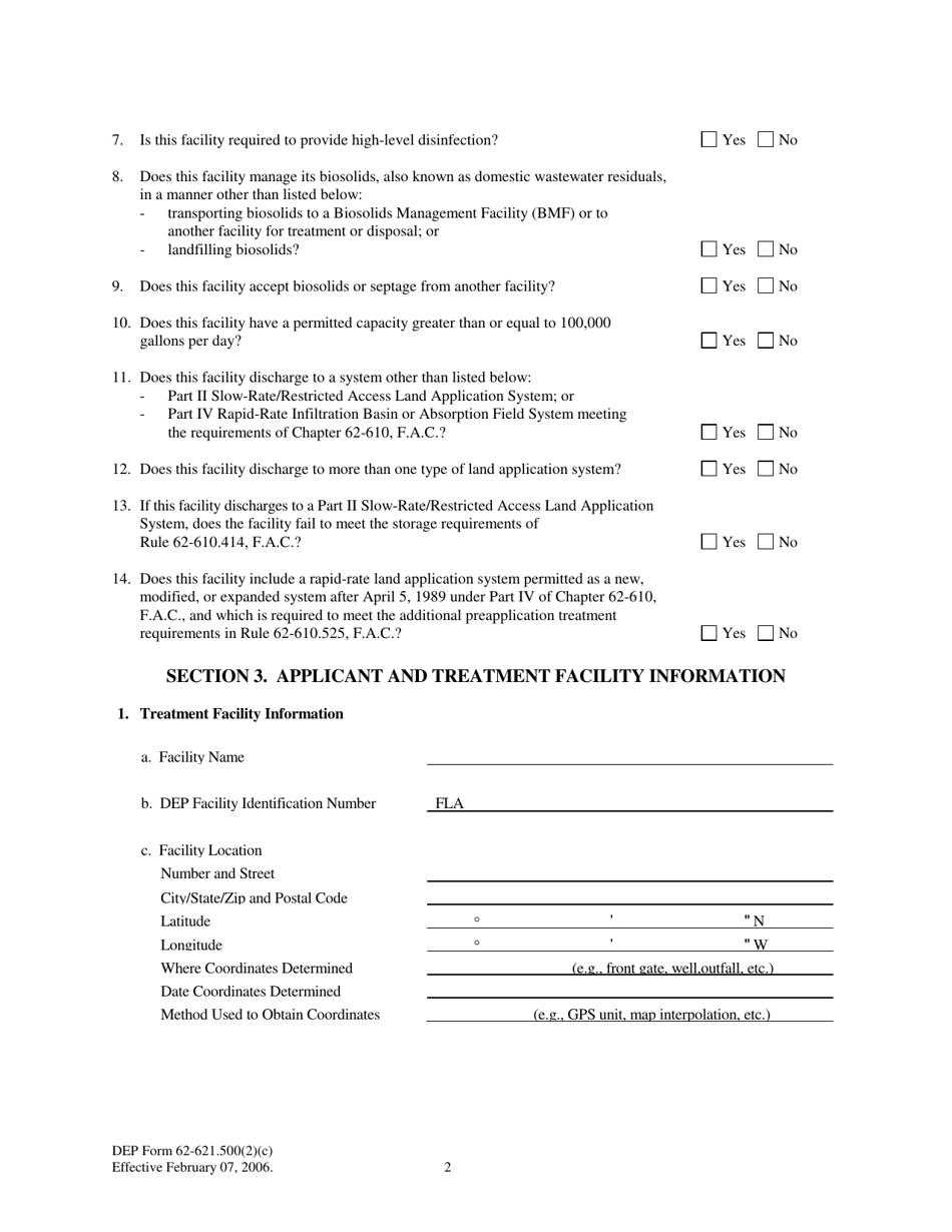 DEP Form 62-621.500(2)(C) Notice of Intent to Use a Generic Permit for Domestic Wastewater Facilities Under Rules 62-621.500(2)(A) or (B), F.a.c. - Florida, Page 2