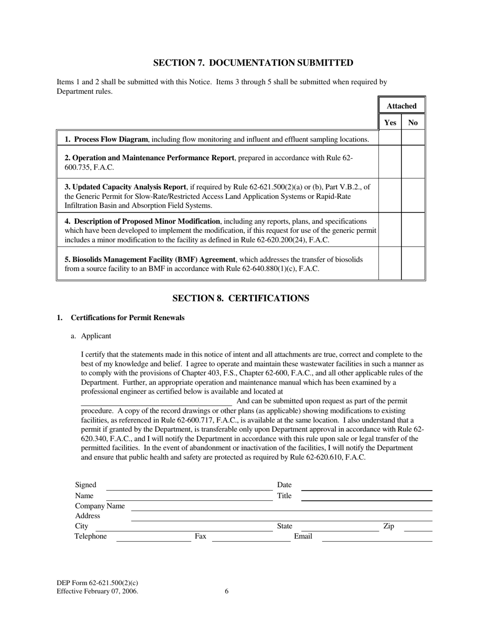DEP Form 62-621.500(2)(C) Notice of Intent to Use a Generic Permit for Domestic Wastewater Facilities Under Rules 62-621.500(2)(A) or (B), F.a.c. - Florida, Page 6