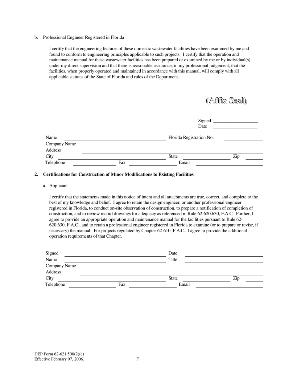 DEP Form 62-621.500(2)(C) Notice of Intent to Use a Generic Permit for Domestic Wastewater Facilities Under Rules 62-621.500(2)(A) or (B), F.a.c. - Florida, Page 7