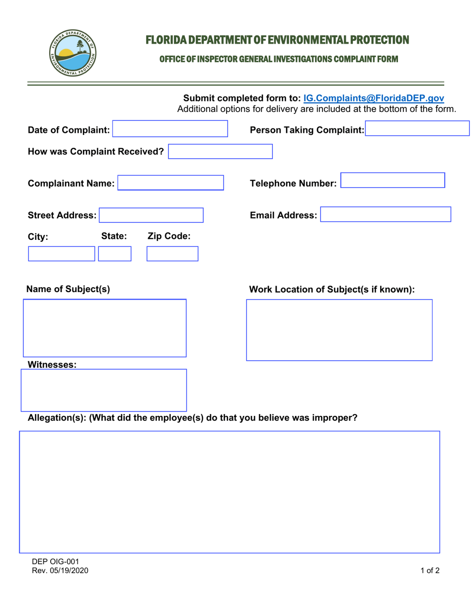 Form OIG-001 Office of Inspector General Investigations Complaint Form - Florida, Page 1