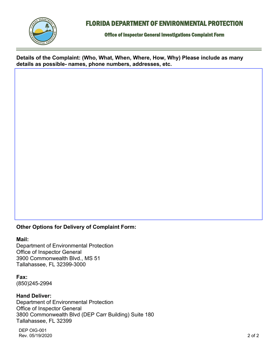 Form OIG-001 Office of Inspector General Investigations Complaint Form - Florida, Page 2